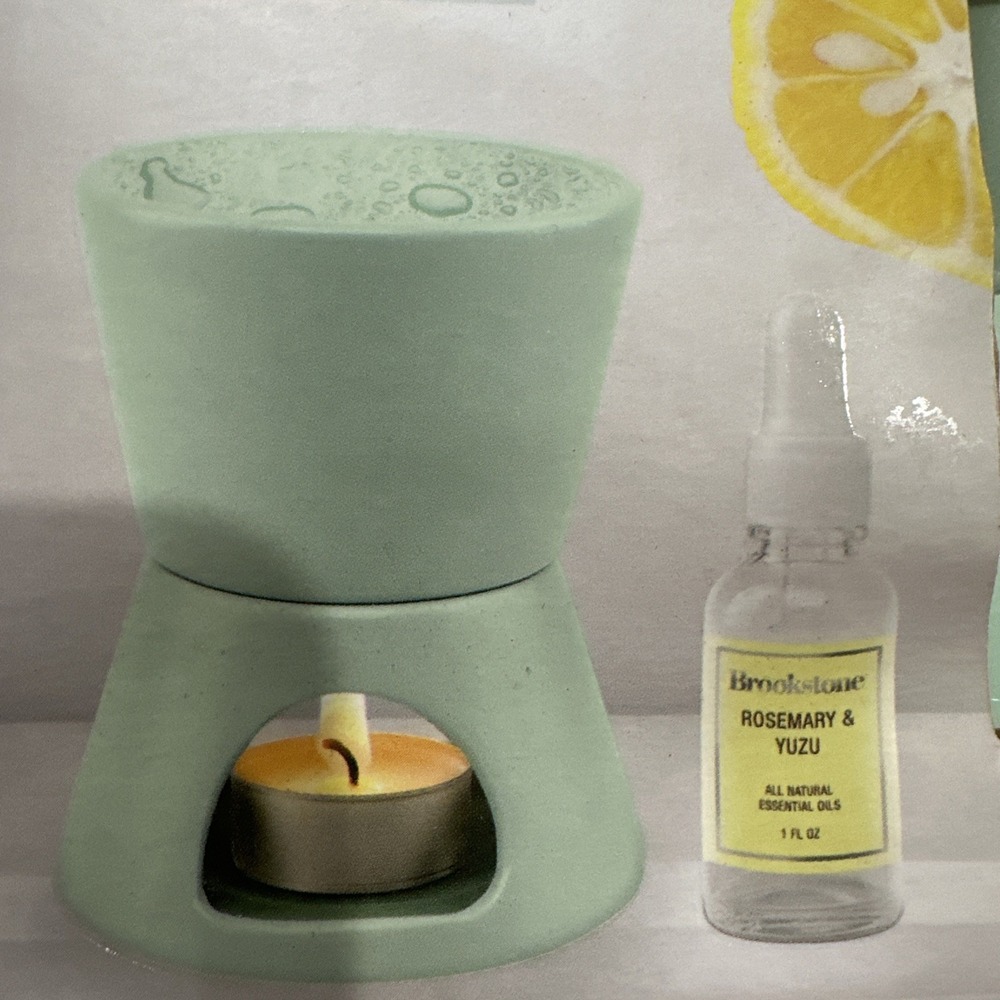 Brookstone Ceramic Oil Warmer Set Sage Grn Rosemary Yuzu Essential Oil 6 Candles
